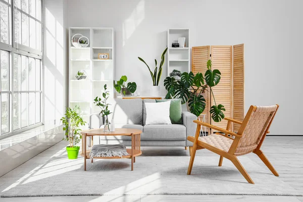 Interior Bright Living Room Coffee Table Cozy Sofa Armchair — Stock Photo, Image