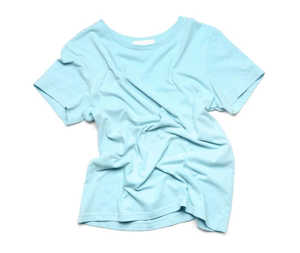 Zmačkané Modré Tričko Bílém Pozadí — Stock fotografie