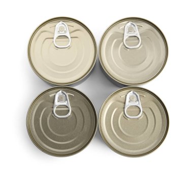 Beyaz arka planda balık dolu teneke kutular