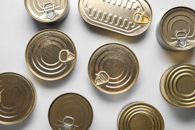 Beyaz arka planda balık bulunan teneke kutular.