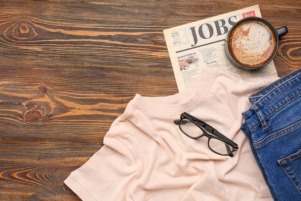 Stylish Shirt Jeans Eyeglasses Newspaper Wooden Background — Stock Photo, Image