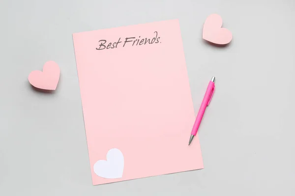Paper Sheet Text Best Friends Pen Hearts Grey Background Святкування — стокове фото