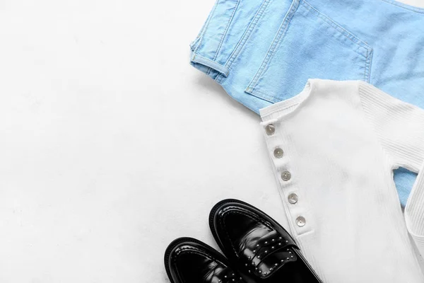 Stylish Jeans Shirt Shoes White Background — Stock Photo, Image