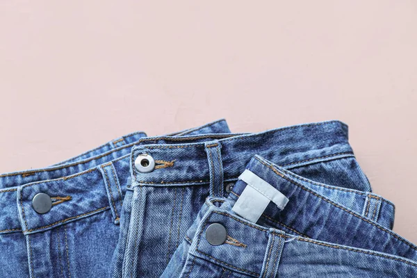 Stylish Denim Shorts Beige Background Closeup — Stock Photo, Image