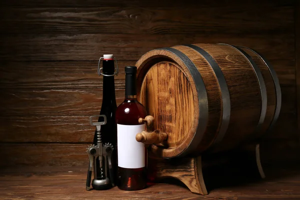 Oak Barrel Bottles Wine Wooden Background — Stock Photo, Image