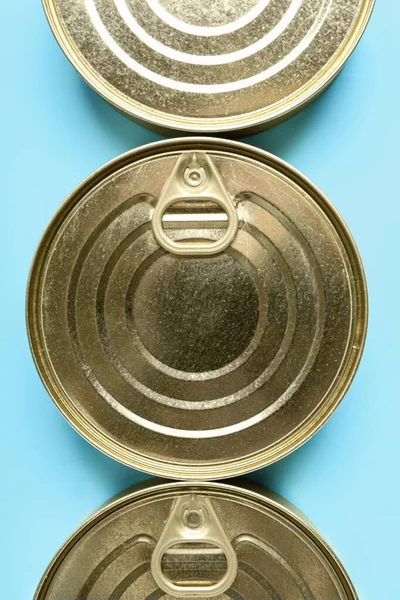 Tin Cans Fish Blue Background Closeup — Stock Photo, Image