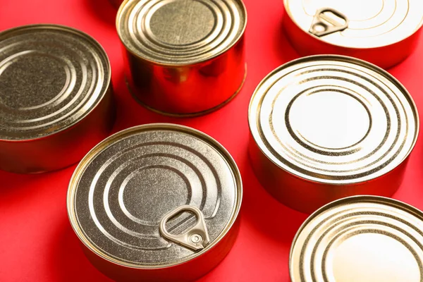 Assortment Tin Cans Fish Red Background Closeup — Stock Photo, Image