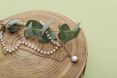 İnci kolyeli ahşap standı ve yeşil arka planda okaliptüs dalı, yakın plan.