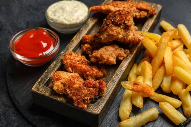 Koyu arkaplanda patates kızartması ve soslu leziz morina balıkları, yakın plan.