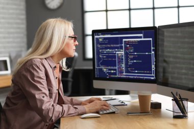 Masada bilgisayarla çalışan olgun bir kadın programcı.