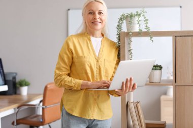 Olgun kadın programcı ofiste dizüstü bilgisayarla çalışıyor.