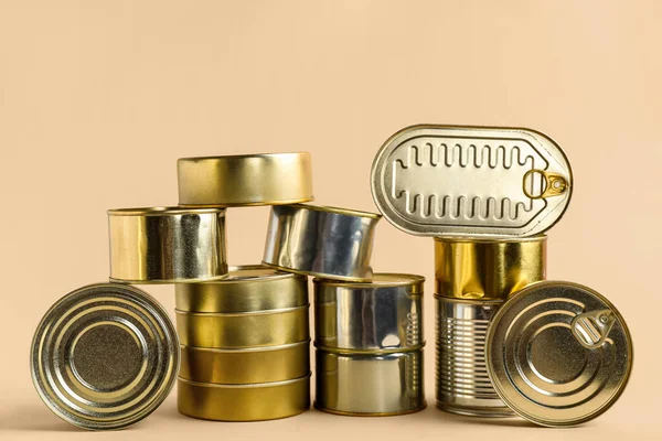Different Tin Cans Fish Beige Background — Stock Photo, Image