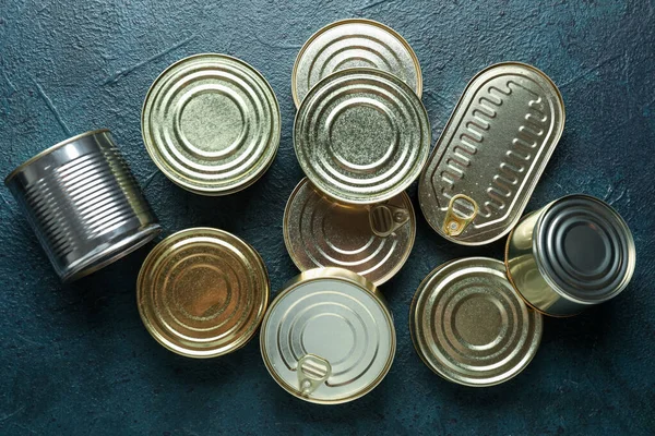 Assortment Tin Cans Fish Dark Table — Stock Photo, Image