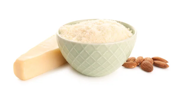 Bowl Tasty Parmesan Cheese White Background — Stock Photo, Image