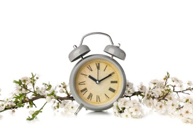 Blooming spring branches and alarm clock on white background