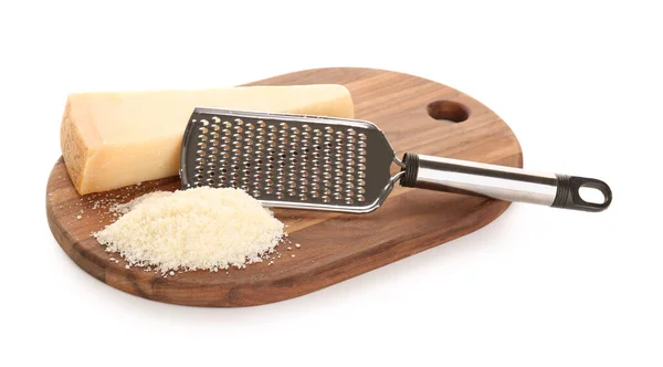 Wooden Board Tasty Parmesan Cheese Grater White Background — Stock Photo, Image