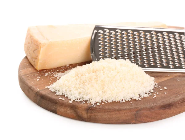 Wooden Board Tasty Grated Parmesan Cheese White Background Closeup — Stock Photo, Image