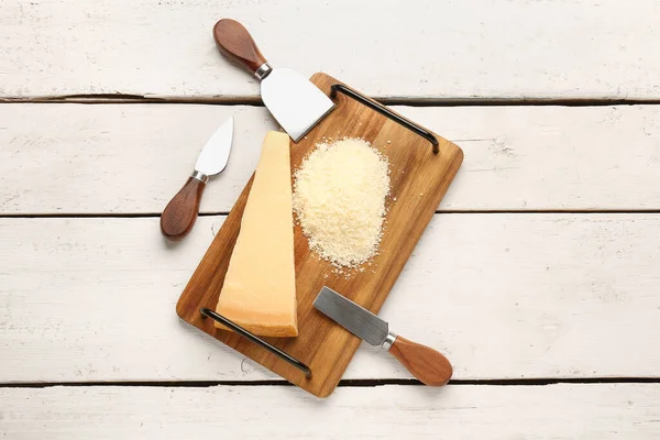 Board Tasty Parmesan Cheese Light Wooden Background — Stock Photo, Image