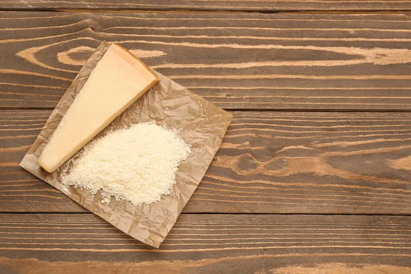 Tasty Parmesan Cheese Wooden Background — Stock Photo, Image