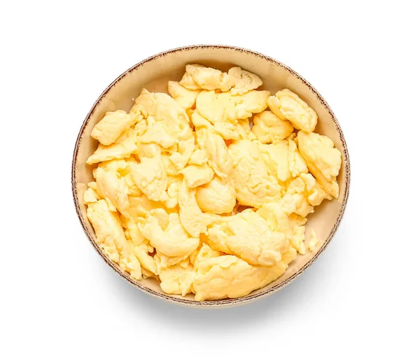 Bowl Tasty Scrambled Eggs Isolated White Background — Stock Photo, Image