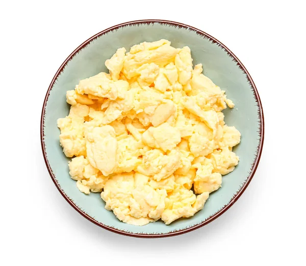 stock image Plate of delicious scrambled eggs isolated on white background