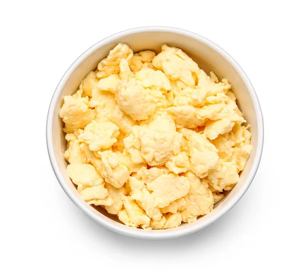 Bowl Tasty Scrambled Eggs White Background — Stock Photo, Image