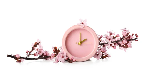 Blooming Spring Branches Clock White Background — Stock Photo, Image