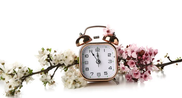 Blooming Spring Branches Alarm Clock White Background — Stock Fotó