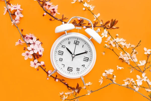 Blommande Våren Grenar Och Vit Väckarklocka Orange Bakgrund — Stockfoto