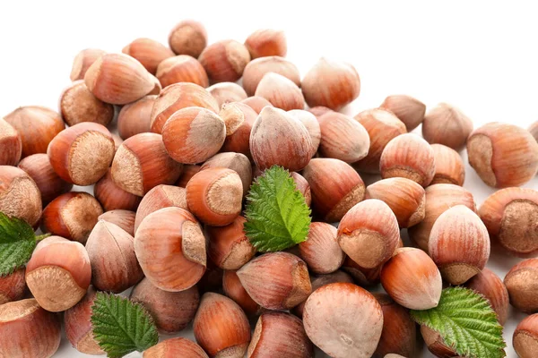 Shelled Hazelnuts Leaves White Background — Stock Photo, Image