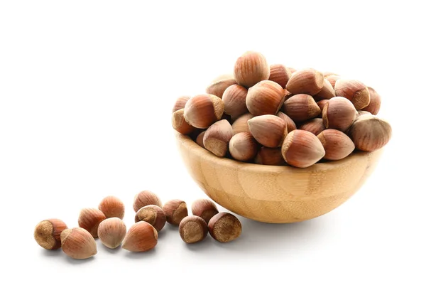 Bowl Shelled Hazelnuts White Background — Stock Photo, Image