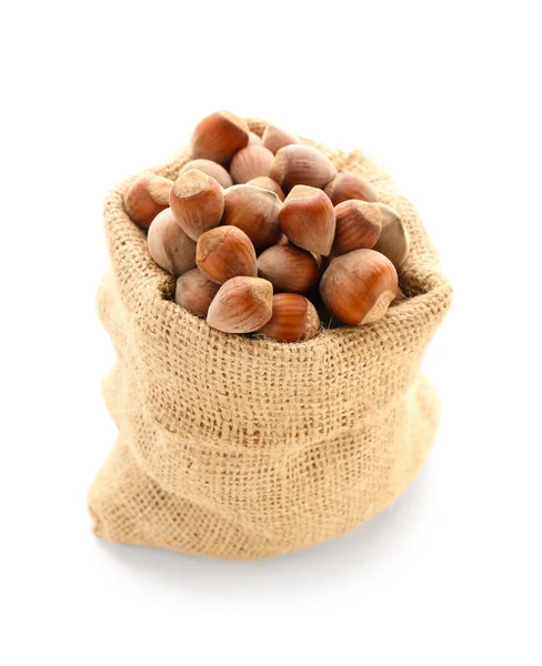 Sack Bag Shelled Hazelnuts White Background — Stock Photo, Image