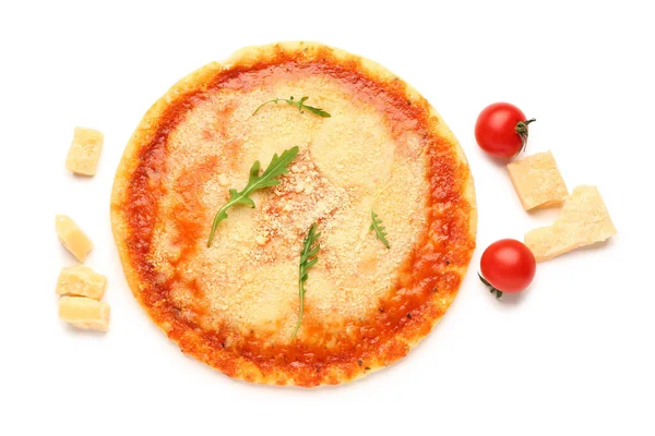 Tasty Pizza Parmesan Cheese Tomatoes White Background — Stock Photo, Image