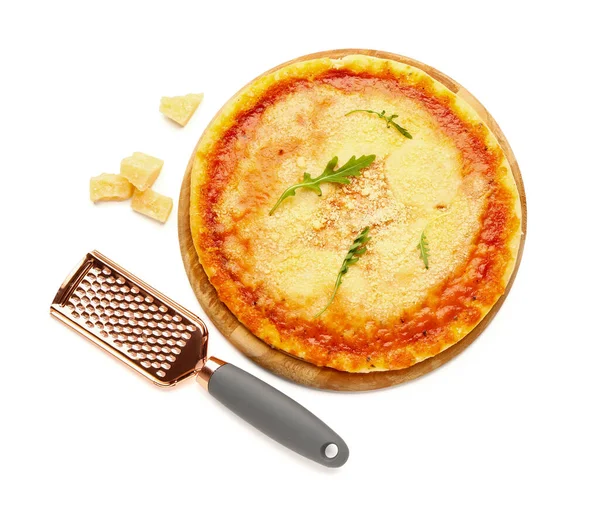 Tasty Pizza Parmesan Cheese Grater White Background — Stock Photo, Image