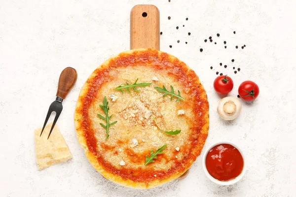 Wooden Board Tasty Pizza Parmesan Cheese Tomato Sauce Light Background — Stock Photo, Image
