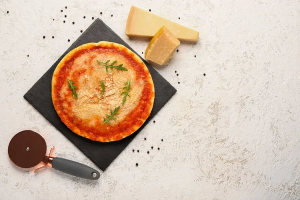 Board Tasty Pizza Parmesan Cheese Cutter Light Background — Stock Photo, Image