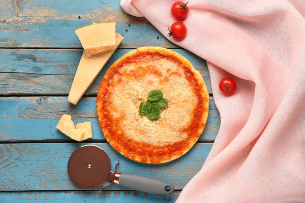 Tasty Pizza Parmesan Cheese Tomato Basil Cutter Blue Wooden Background — Stock Photo, Image