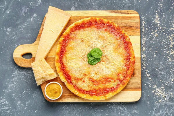Wooden Board Tasty Pizza Parmesan Cheese Basil Sauce Blue Grunge — Stock Photo, Image