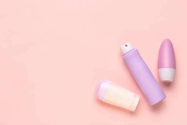Different Deodorant Bottles Pink Background — Stock Photo, Image