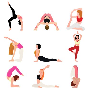 Beyaz arka planda yoga yapan bir grup kadın.