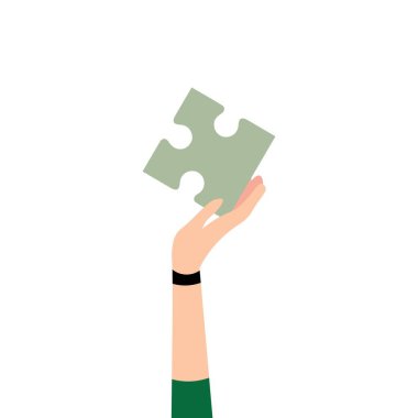 Beyaz arkaplanda yapboz parçasıyla el.