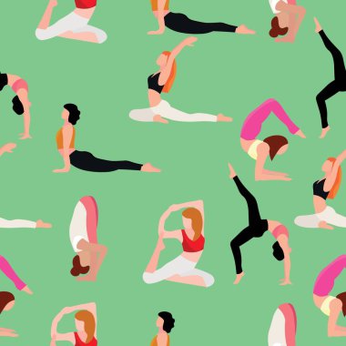 Birçok kadın yeşil arka planda yoga yapıyor. Tasarım için doku