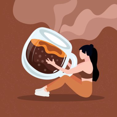 Woman with big cup of coffee on brown background clipart