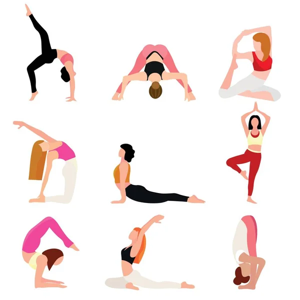 Eine Reihe Von Frauen Praktizieren Yoga Auf Weißem Hintergrund — Stockvektor