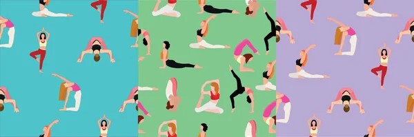 Muchas Mujeres Practican Yoga Sobre Fondo Colorido Textura Para Diseño — Vector de stock