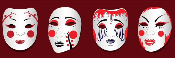 Állítsa Japán Kabuki Maszkok Színes Háttér — Stock Vector