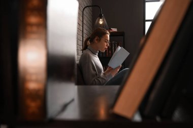 Evdeki koltukta kitap okuyan genç bir kadın, kitaplıktan manzara