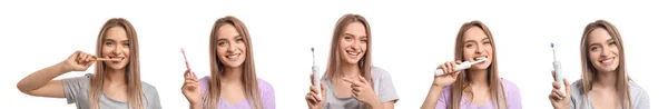 Set Young Woman Different Tooth Brushes White Background — Stock Photo, Image