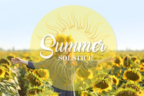 Frau Sonnenblumenfeld Einem Sonnigen Tag Sommersonnenwende — Stockfoto
