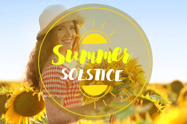 Žena Slunečnicovém Poli Slunečného Dne Letní Slunovrat — Stock fotografie